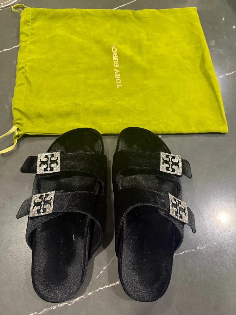 Tory Burch black Eleanor sandals velvet